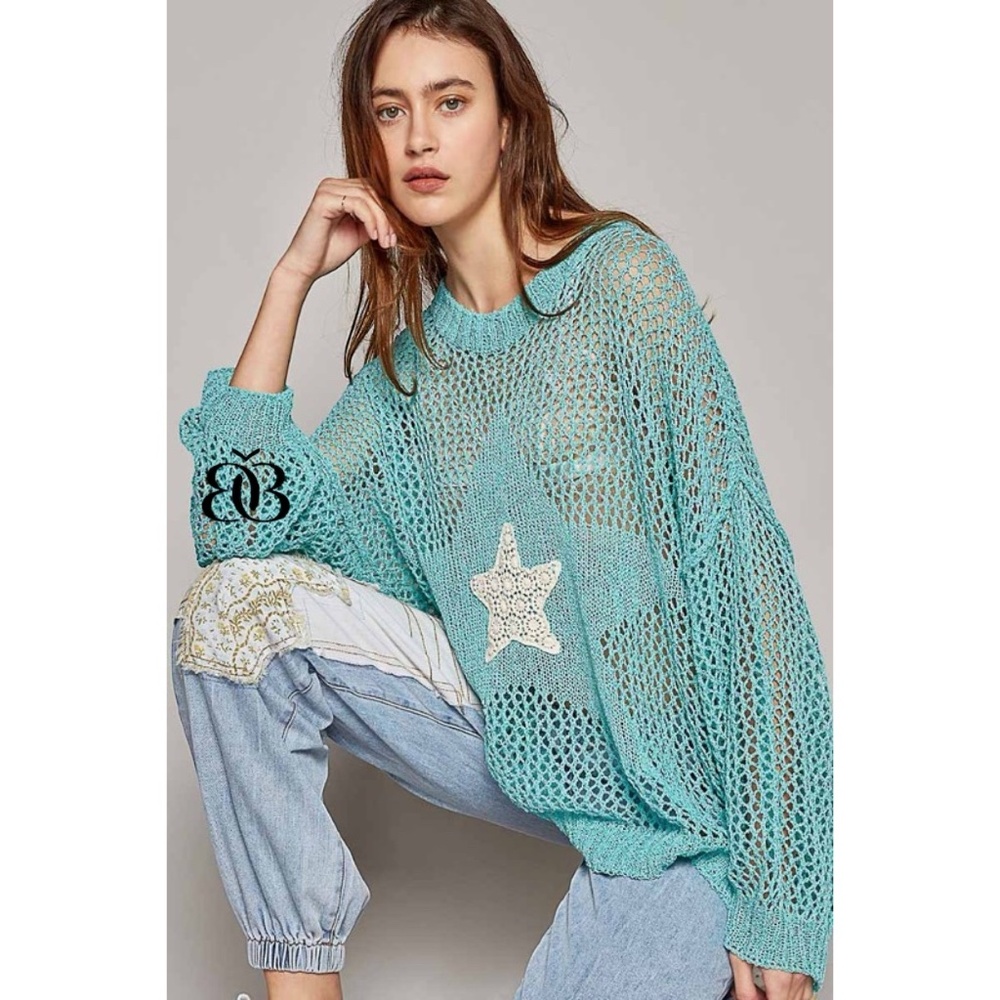POL Blue Oversized Open Knit Sweater with Center Star Patch - Picture 7 of 11